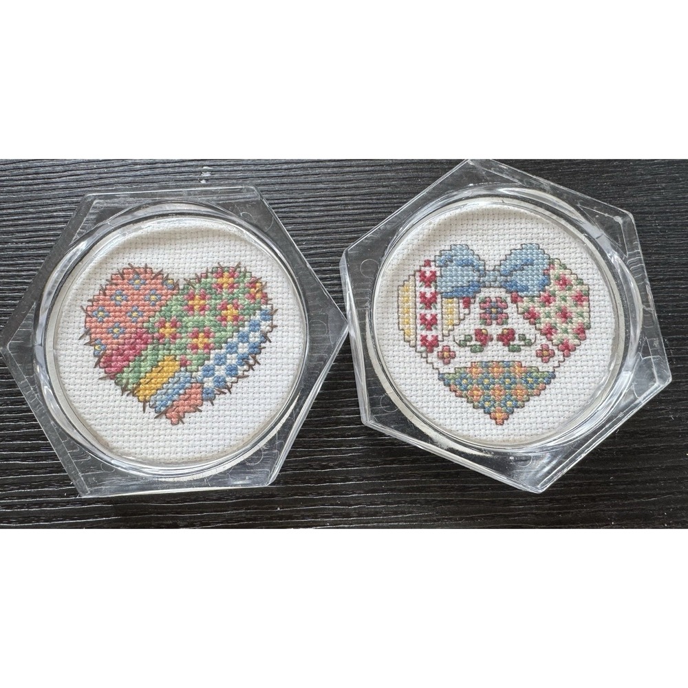 Coasters Hexagon Acrylic Cross Stitch Hearts Set of 2